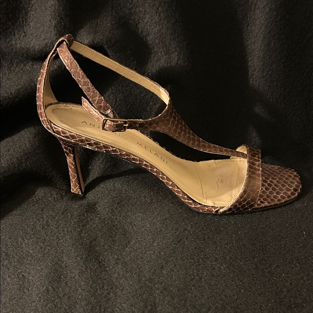ANTONIO MELANI Brown Snakeskin-Effect T-Strap Heels